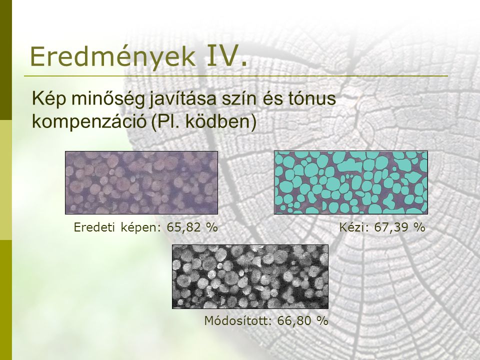Eredmények IV. Kép minőség javítása szín és tónus kompenzáció (Pl. ködben) Eredeti képen: 65,82 % Kézi: 67,39 %