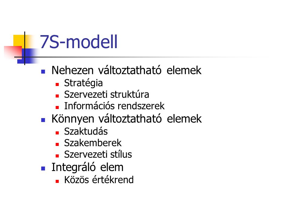 7S-modell Nehezen változtatható elemek Könnyen változtatható elemek