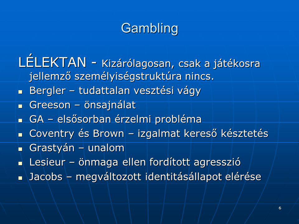 Gambling LÉLEKTAN - Kizárólagosan, csak a játékosra jellemző személyiségstruktúra nincs. Bergler – tudattalan vesztési vágy.