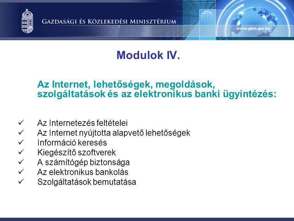 Modulok IV. Az Internet, lehetőségek, megoldások, szolgáltatások és az elektronikus banki ügyintézés: