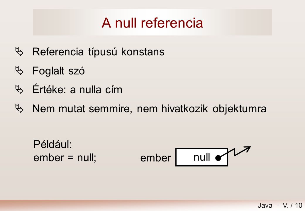 A null referencia Referencia típusú konstans Foglalt szó