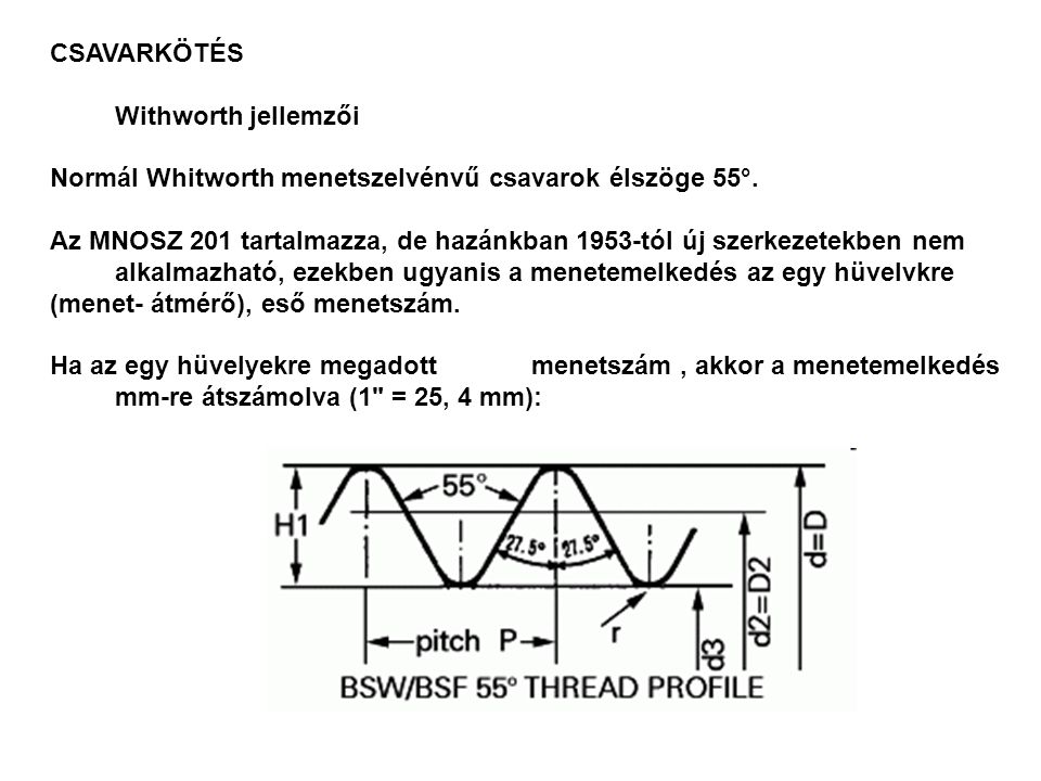 CSAVARKÖTÉS Withworth jellemzői. Normál Whitworth menetszelvénvű csavarok élszöge 55°.