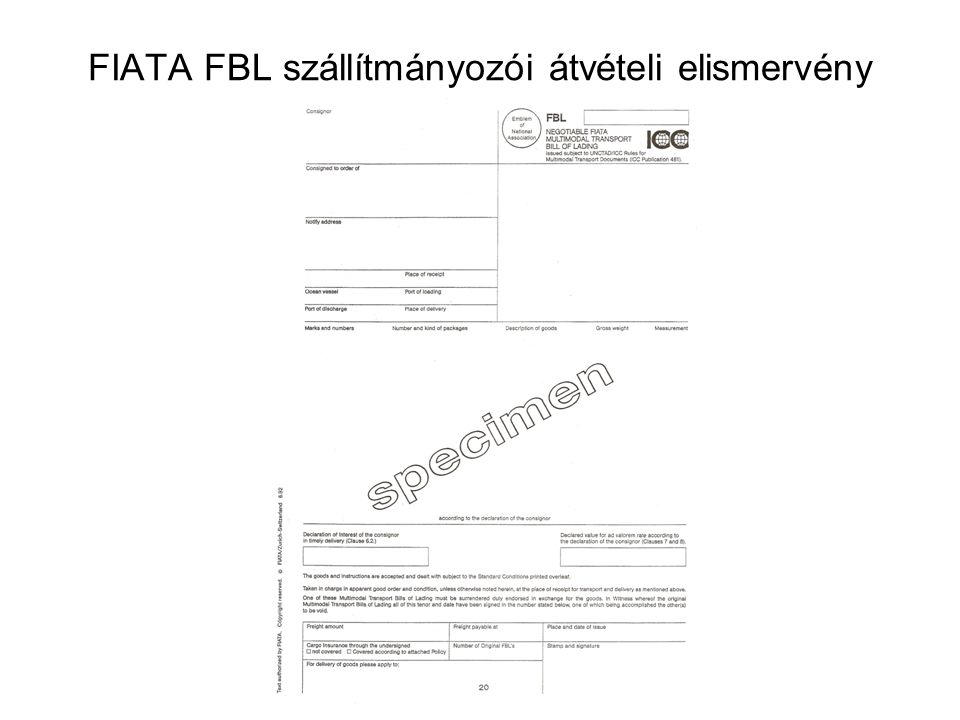 FIATA FBL szállítmányozói átvételi elismervény