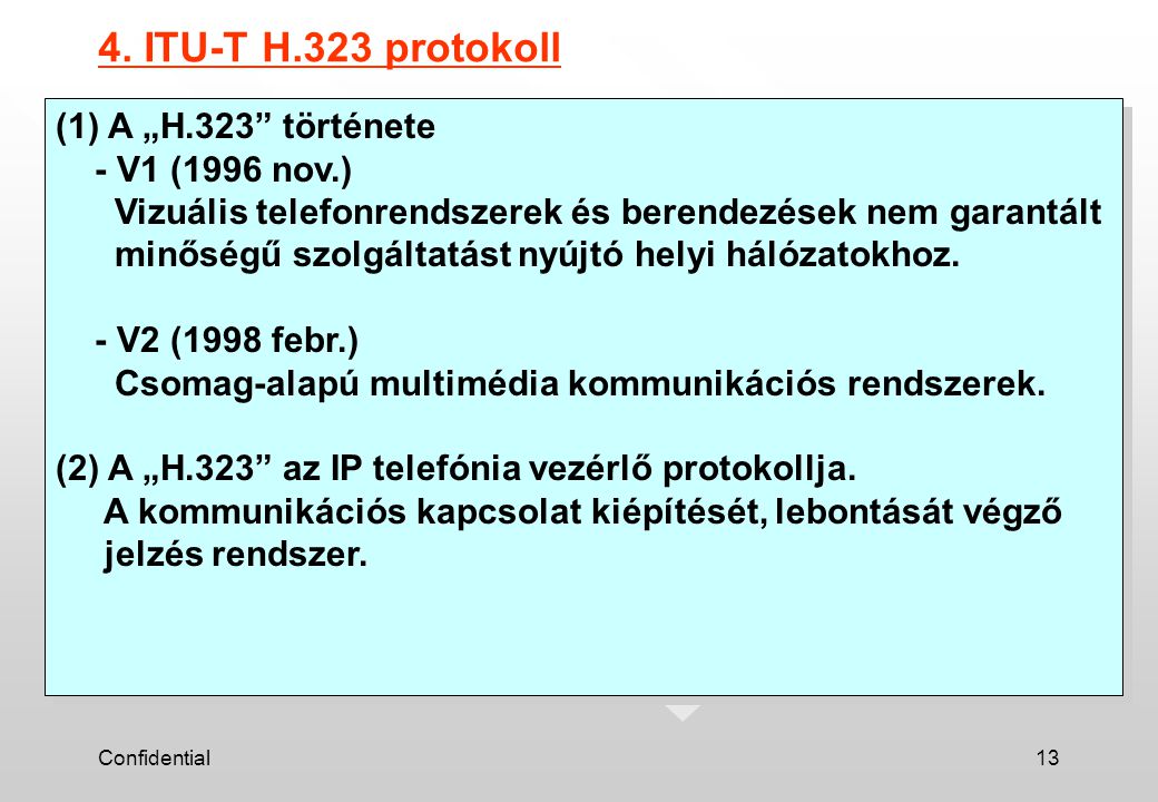 4. ITU-T H.323 protokoll (1) A „H.323 története - V1 (1996 nov.)
