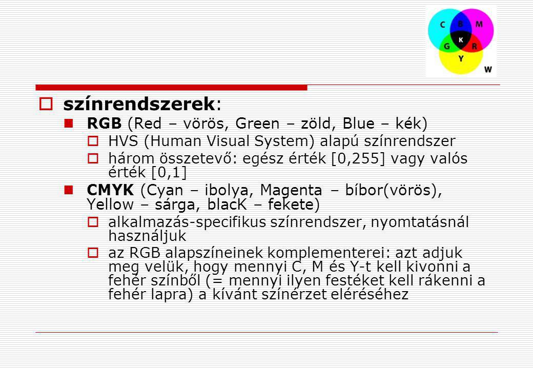 színrendszerek: RGB (Red – vörös, Green – zöld, Blue – kék)