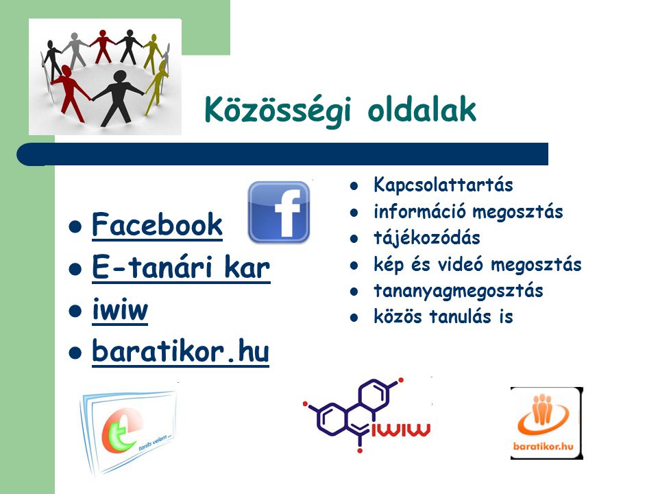 Közösségi oldalak Facebook E-tanári kar iwiw baratikor.hu