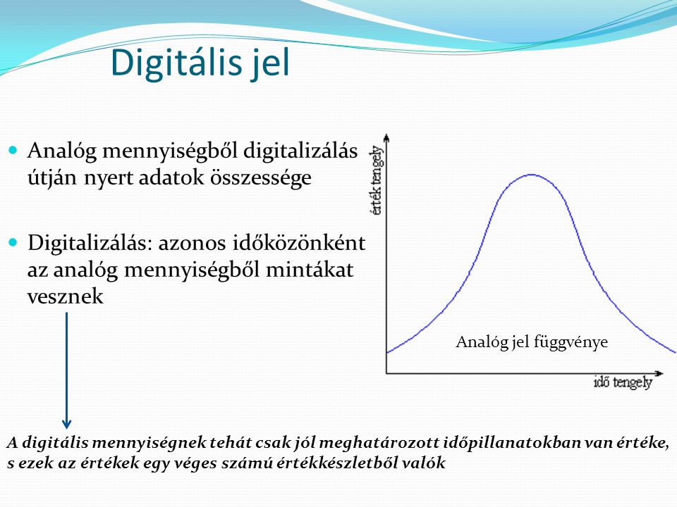 Digitális jel Analóg mennyiségből digitalizálás útján nyert adatok összessége.
