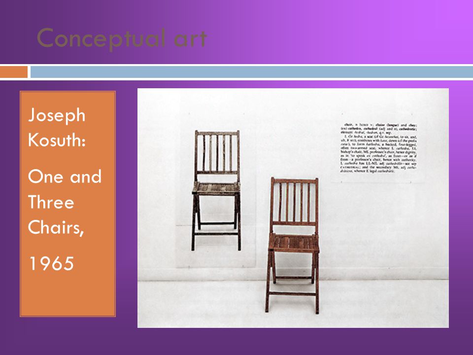 Conceptual art Joseph Kosuth: One and Three Chairs, 1965