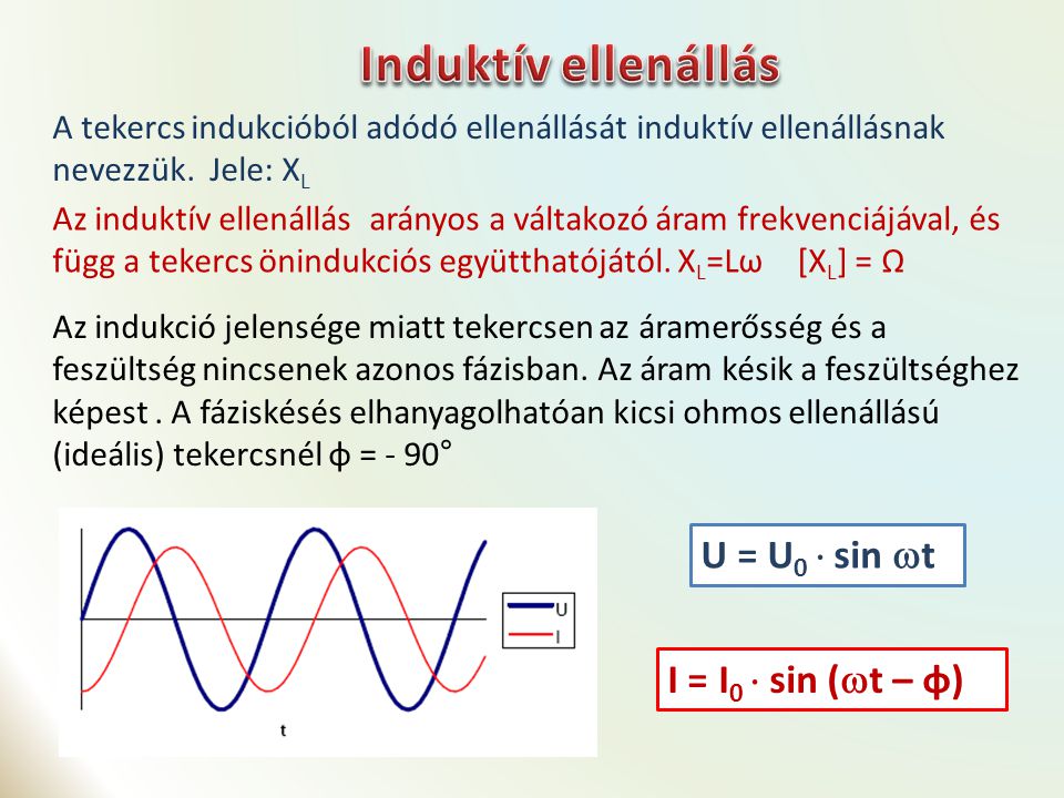 Induktív ellenállás U = U0  sin t I = I0  sin (t – φ)