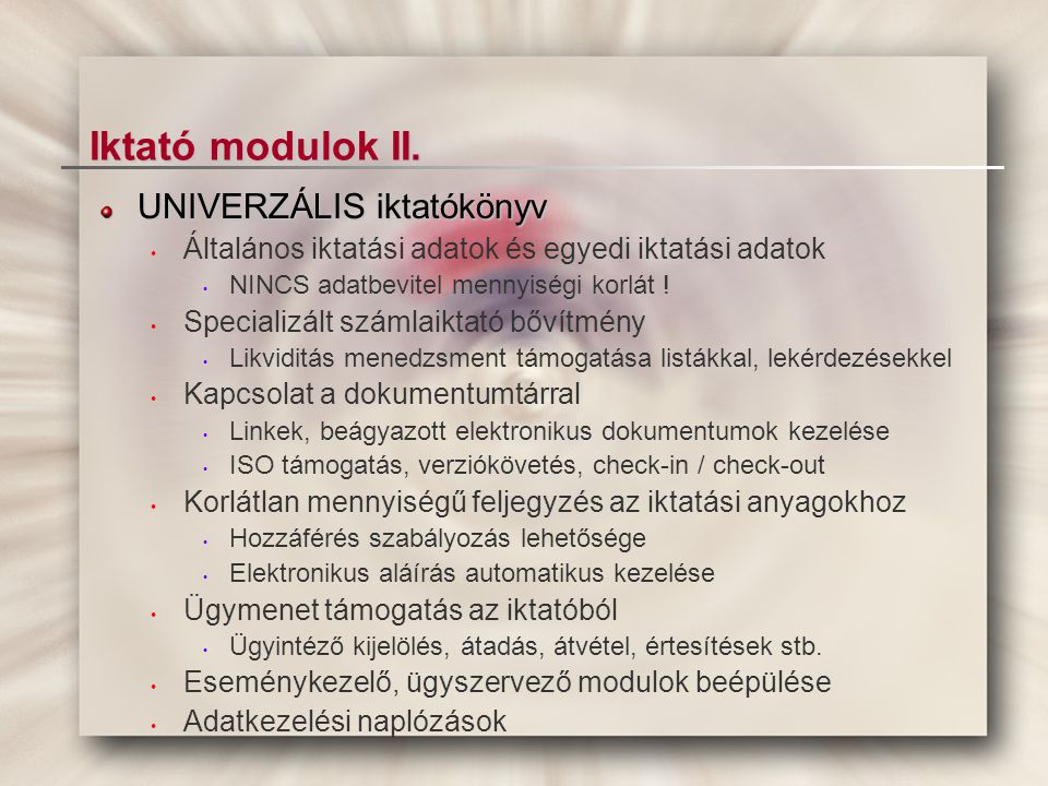 Iktató modulok II. UNIVERZÁLIS iktatókönyv