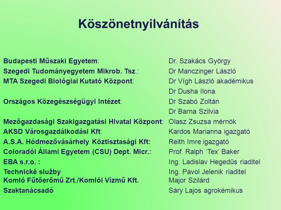 Köszönetnyilvánítás Budapesti Műszaki Egyetem: Dr. Szakács György