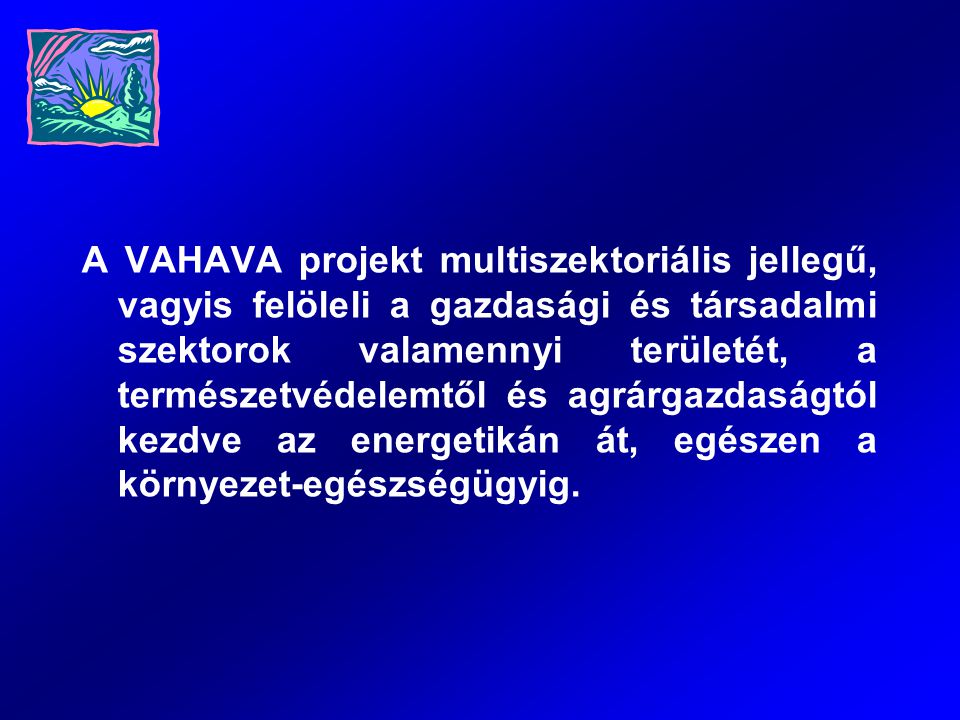 A VAHAVA projekt multiszektoriális jellegű, vagyis felöleli a gazdasági és társadalmi szektorok valamennyi területét, a természetvédelemtől és agrárgazdaságtól kezdve az energetikán át, egészen a környezet-egészségügyig.
