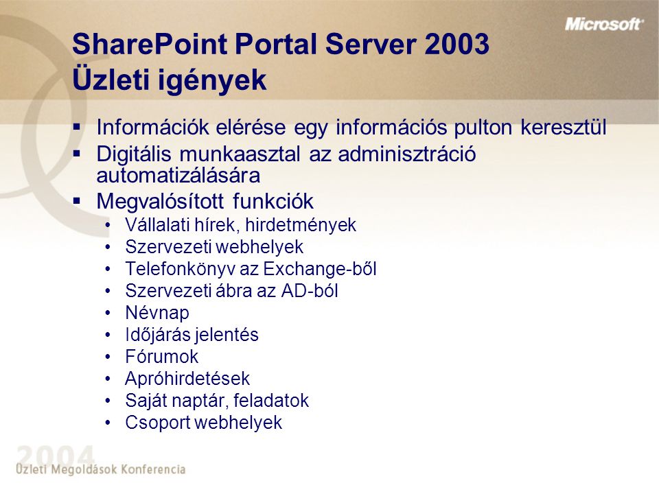 SharePoint Portal Server 2003 Üzleti igények