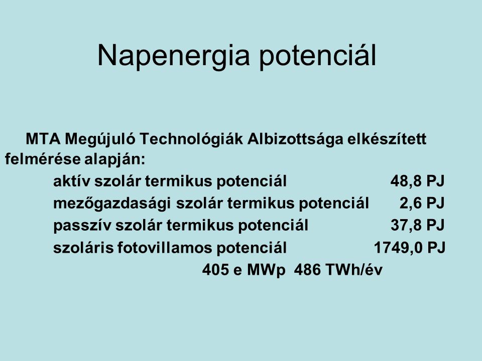 Napenergia potenciál MTA Megújuló Technológiák Albizottsága elkészített felmérése alapján: aktív szolár termikus potenciál 48,8 PJ.