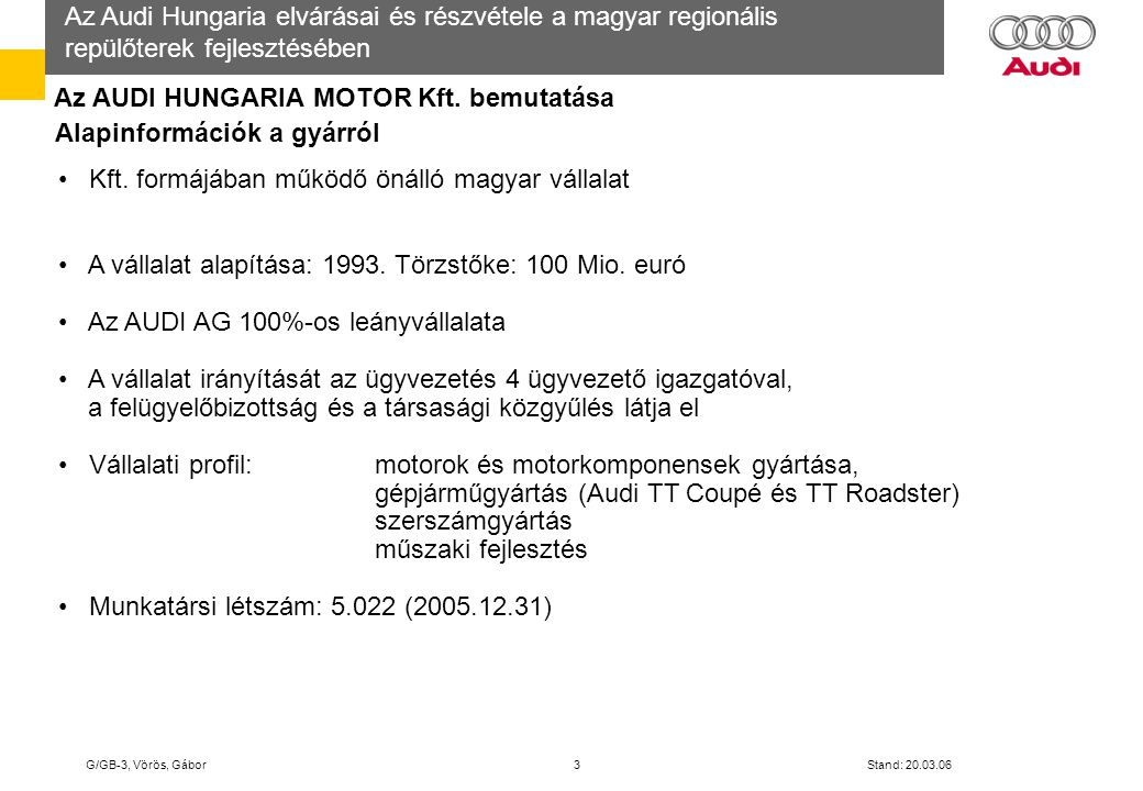 Az AUDI HUNGARIA MOTOR Kft. bemutatása Alapinformációk a gyárról