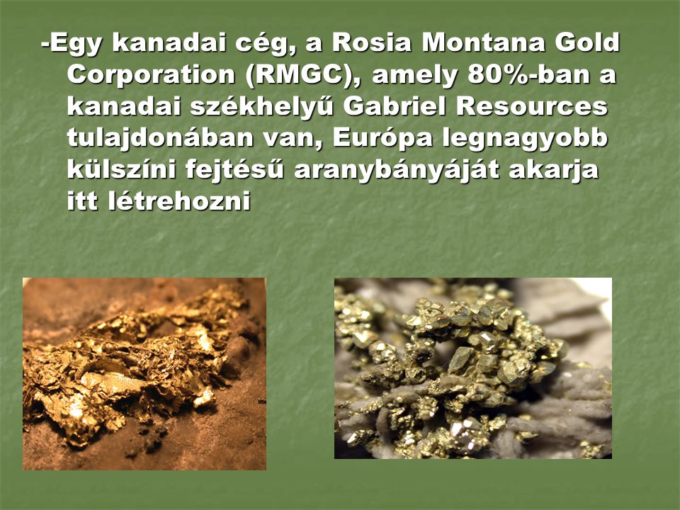 -Egy kanadai cég, a Rosia Montana Gold Corporation (RMGC), amely 80%-ban a kanadai székhelyű Gabriel Resources tulajdonában van, Európa legnagyobb külszíni fejtésű aranybányáját akarja itt létrehozni