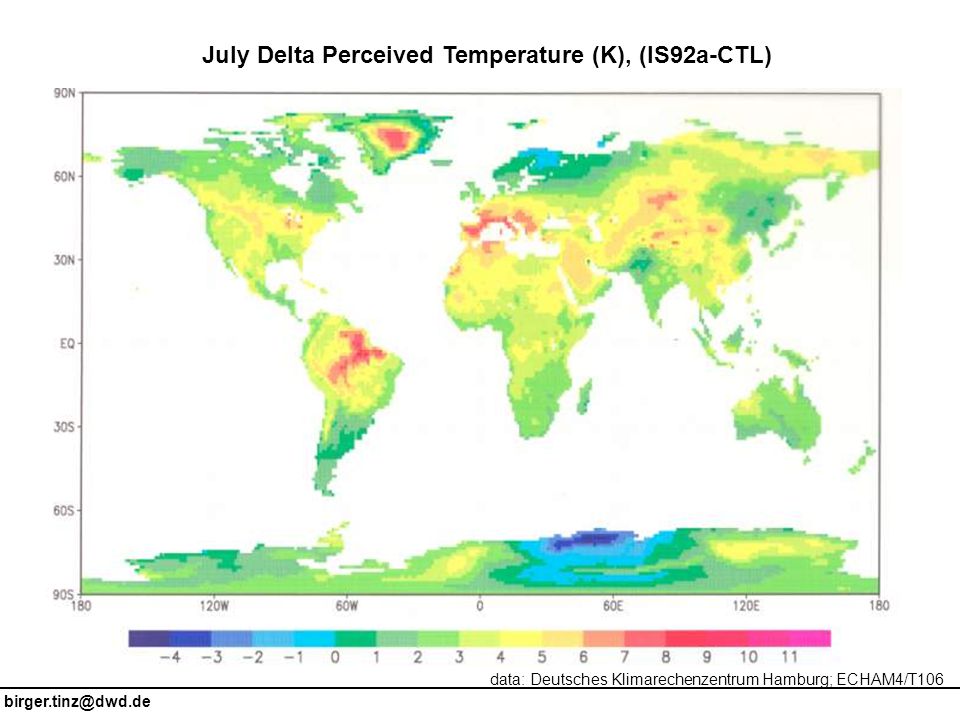 July Delta Perceived Temperature (K), (IS92a-CTL)