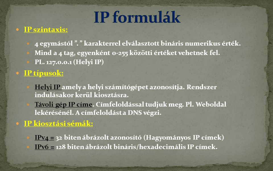 IP formulák IP szintaxis: IP típusok: IP kiosztási sémák: