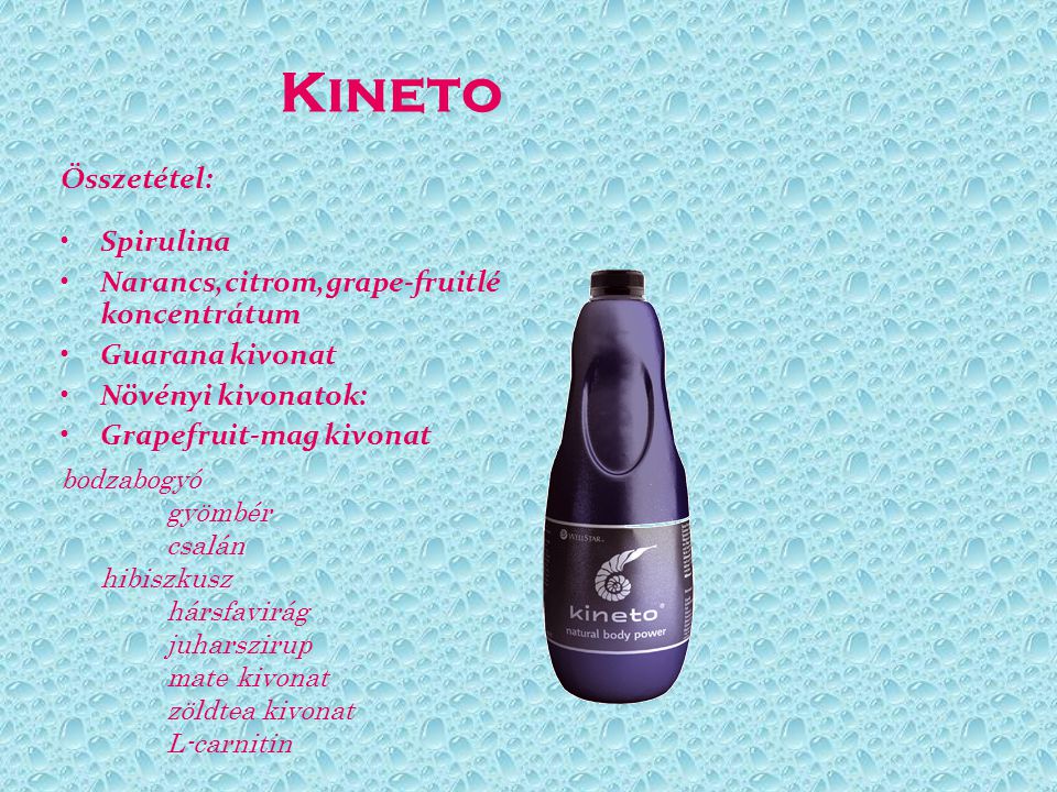 Kineto Összetétel: Spirulina Narancs,citrom,grape-fruitlé koncentrátum