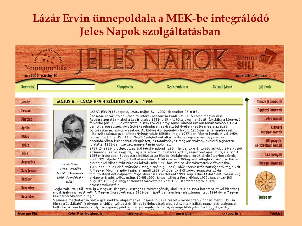 Lázár Ervin ünnepoldala a MEK-be integrálódó