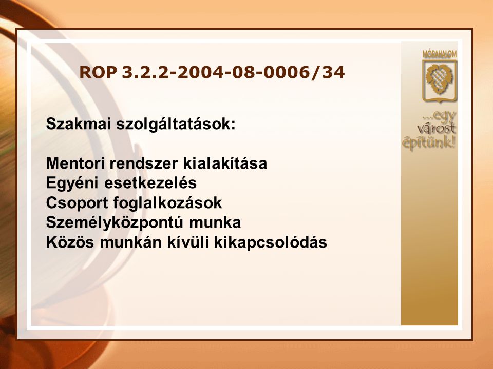 ROP /34 Szakmai szolgáltatások: Mentori rendszer kialakítása. Egyéni esetkezelés.
