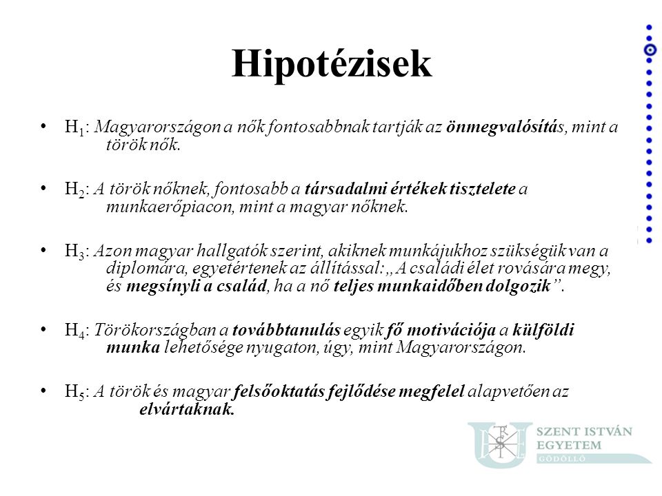 Hipotézisek H1: Magyarországon a nők fontosabbnak tartják az önmegvalósítás, mint a török nők.