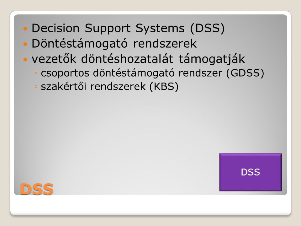 DSS Decision Support Systems (DSS) Döntéstámogató rendszerek