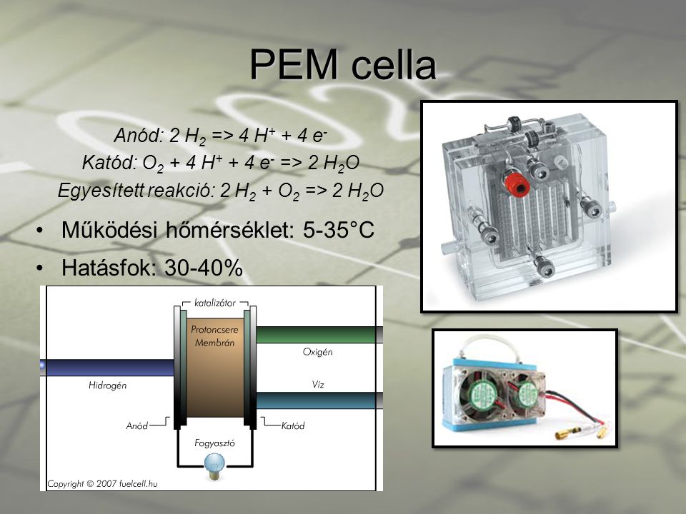 PEM cella Működési hőmérséklet: 5-35°C Hatásfok: 30-40%