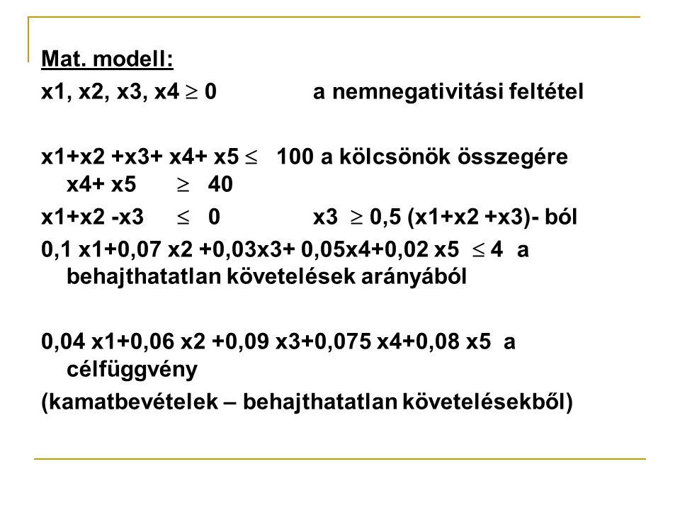 Mat. modell: x1, x2, x3, x4  0 a nemnegativitási feltétel.
