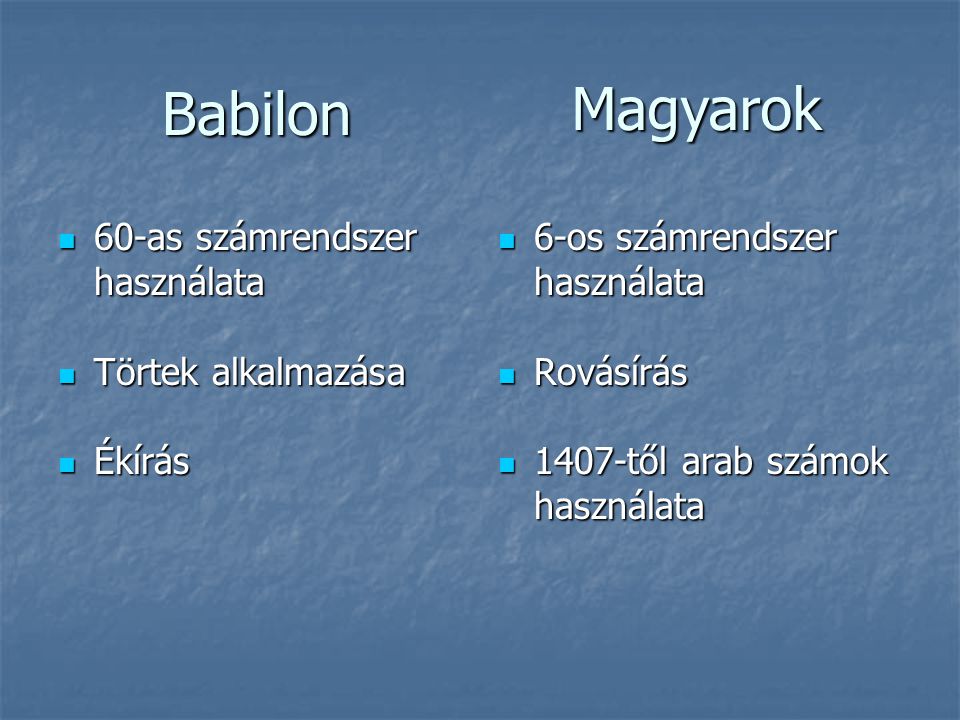 Magyarok Babilon 60-as számrendszer használata Törtek alkalmazása