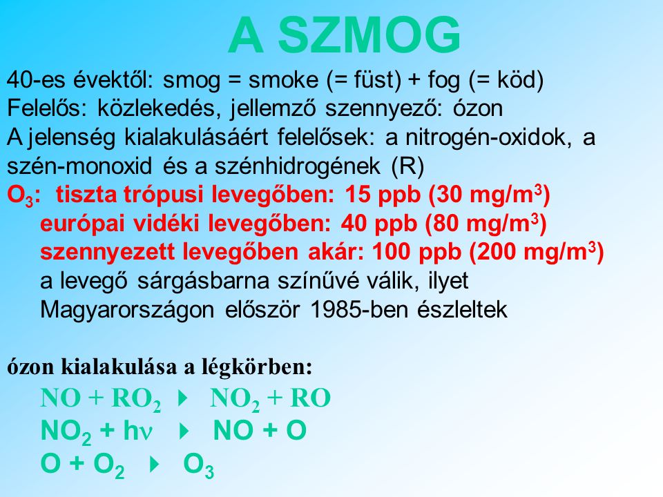 A SZMOG NO + RO2 4 NO2 + RO NO2 + hn 4 NO + O O + O2 4 O3