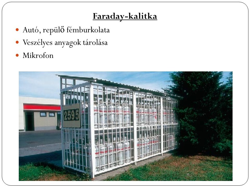 Faraday-kalitka Autó, repülő fémburkolata Veszélyes anyagok tárolása