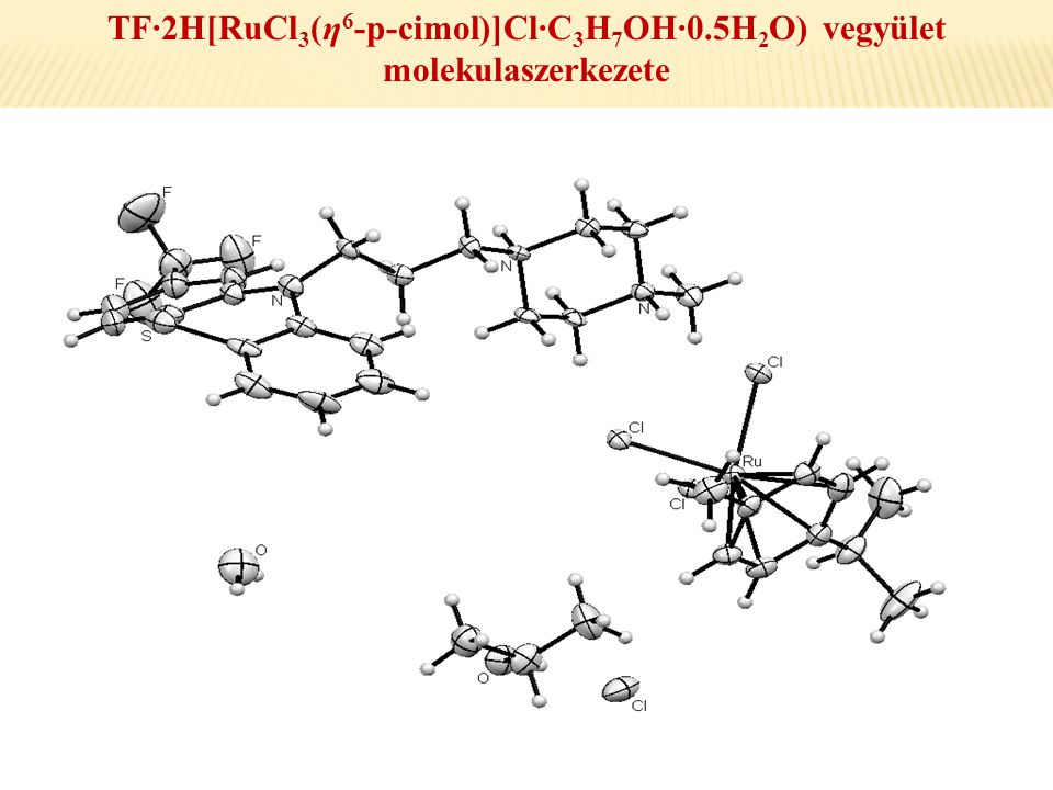 TF·2H[RuCl3(η6-p-cimol)]Cl·C3H7OH·0.5H2O) vegyület molekulaszerkezete