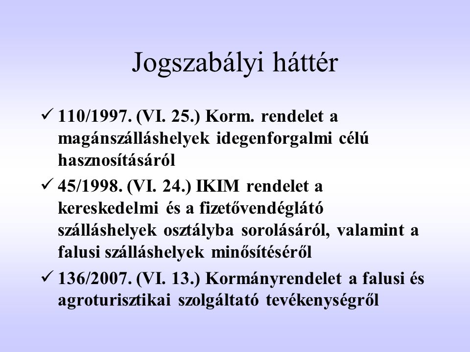 Jogszabályi háttér 110/1997. (VI. 25.) Korm. rendelet a magánszálláshelyek idegenforgalmi célú hasznosításáról.