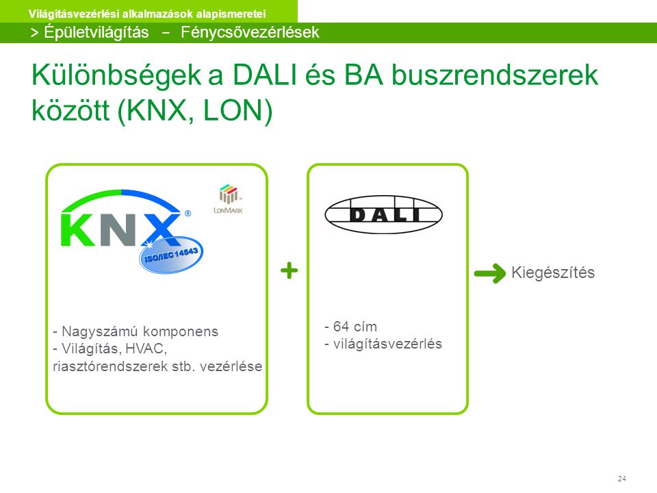 Különbségek a DALI és BA buszrendszerek között (KNX, LON)
