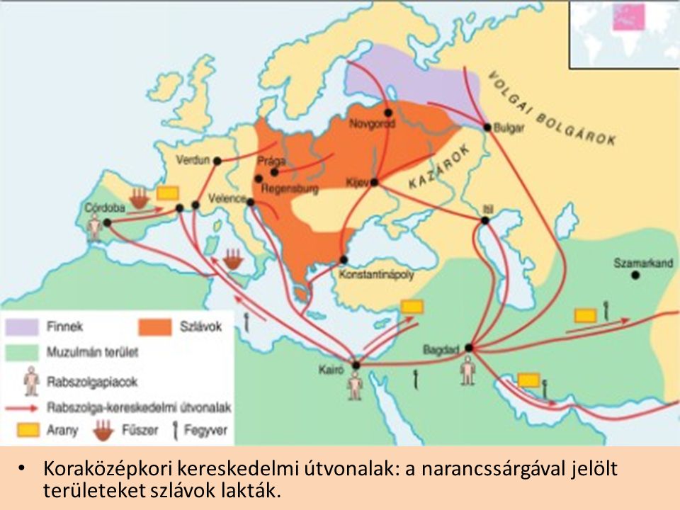 Koraközépkori kereskedelmi útvonalak: a narancssárgával jelölt területeket szlávok lakták.