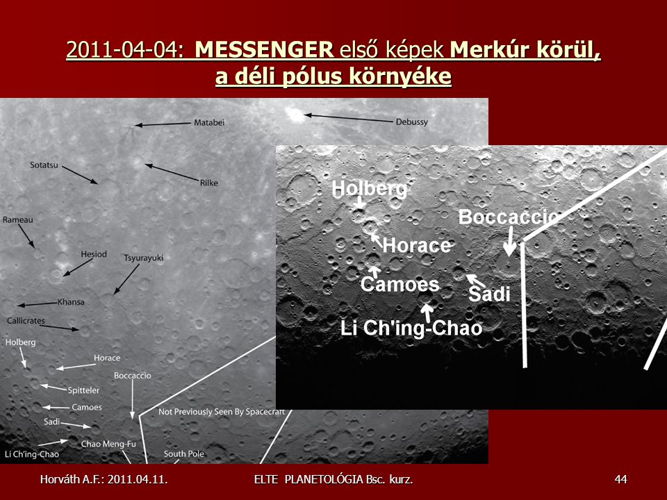 : MESSENGER első képek Merkúr körül, a déli pólus környéke