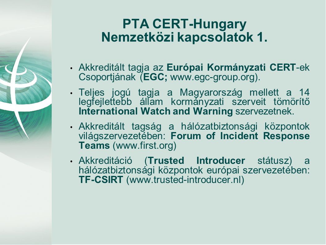 PTA CERT-Hungary Nemzetközi kapcsolatok 1.