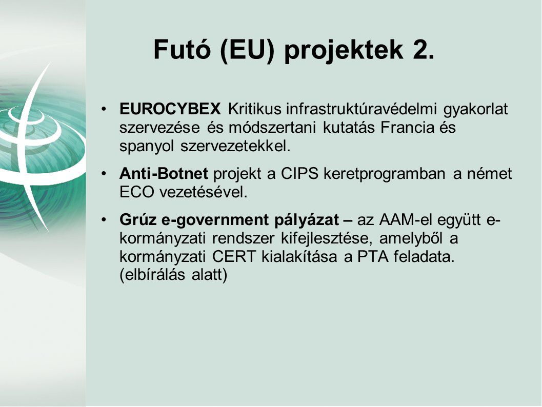 Futó (EU) projektek 2. EUROCYBEX Kritikus infrastruktúravédelmi gyakorlat szervezése és módszertani kutatás Francia és spanyol szervezetekkel.