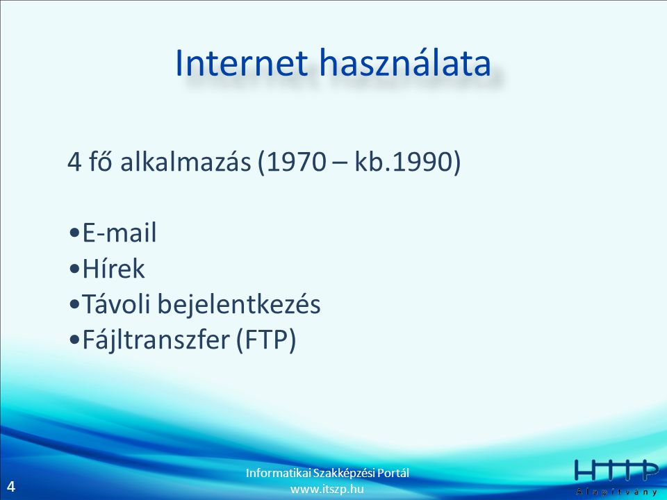 Internet használata 4 fő alkalmazás (1970 – kb.1990)  Hírek