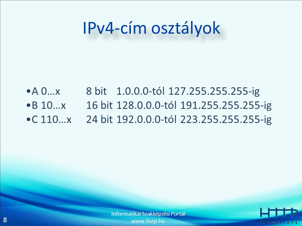 IPv4-cím osztályok A 0…x 8 bit tól ig
