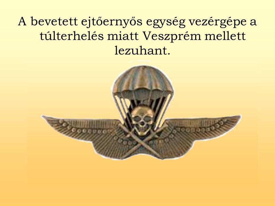 A bevetett ejtőernyős egység vezérgépe a túlterhelés miatt Veszprém mellett lezuhant.