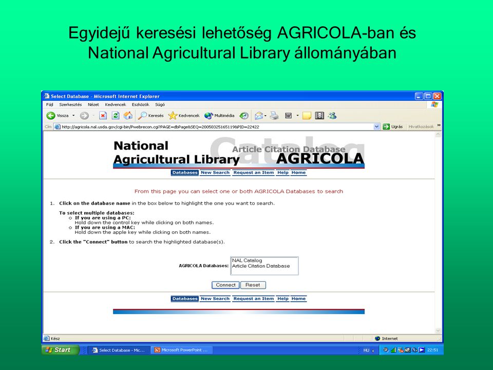 Egyidejű keresési lehetőség AGRICOLA-ban és National Agricultural Library állományában