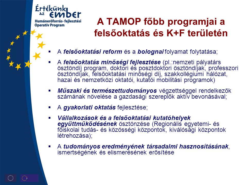 A TAMOP főbb programjai a felsőoktatás és K+F területén