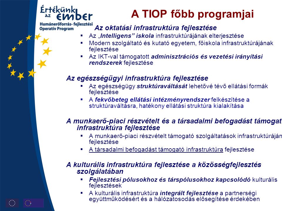 A TIOP főbb programjai Az oktatási infrastruktúra fejlesztése