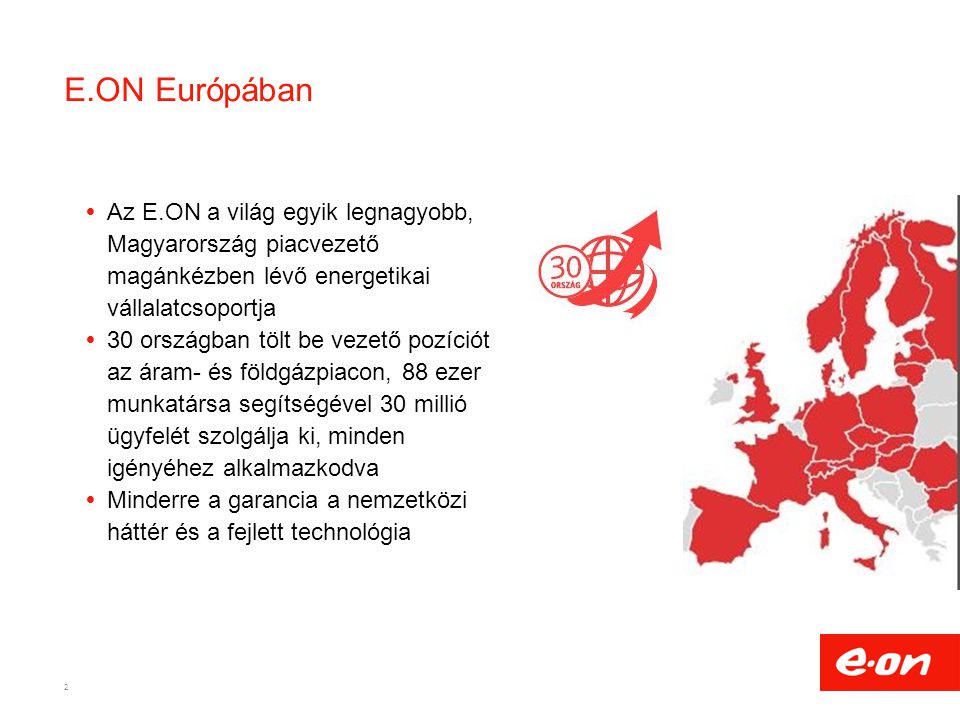 E.ON Európában Az E.ON a világ egyik legnagyobb, Magyarország piacvezető magánkézben lévő energetikai vállalatcsoportja.