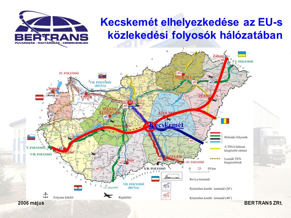 Kecskemét elhelyezkedése az EU-s közlekedési folyosók hálózatában