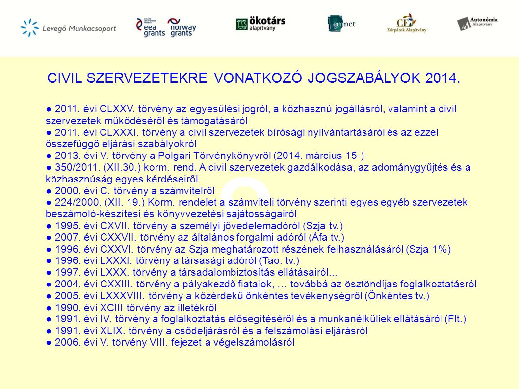 CIVIL SZERVEZETEKRE VONATKOZÓ JOGSZABÁLYOK 2014.