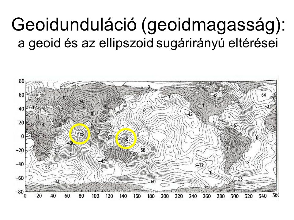 Geoidunduláció (geoidmagasság): a geoid és az ellipszoid sugárirányú eltérései