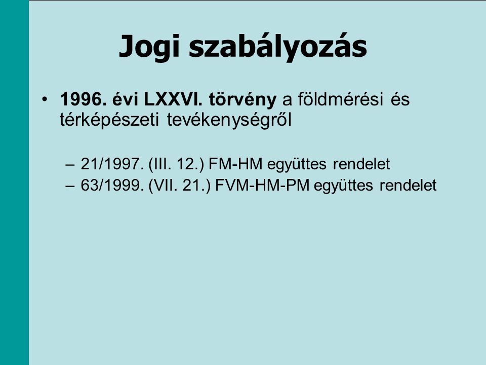 Jogi szabályozás évi LXXVI. törvény a földmérési és térképészeti tevékenységről. 21/1997. (III. 12.) FM-HM együttes rendelet.